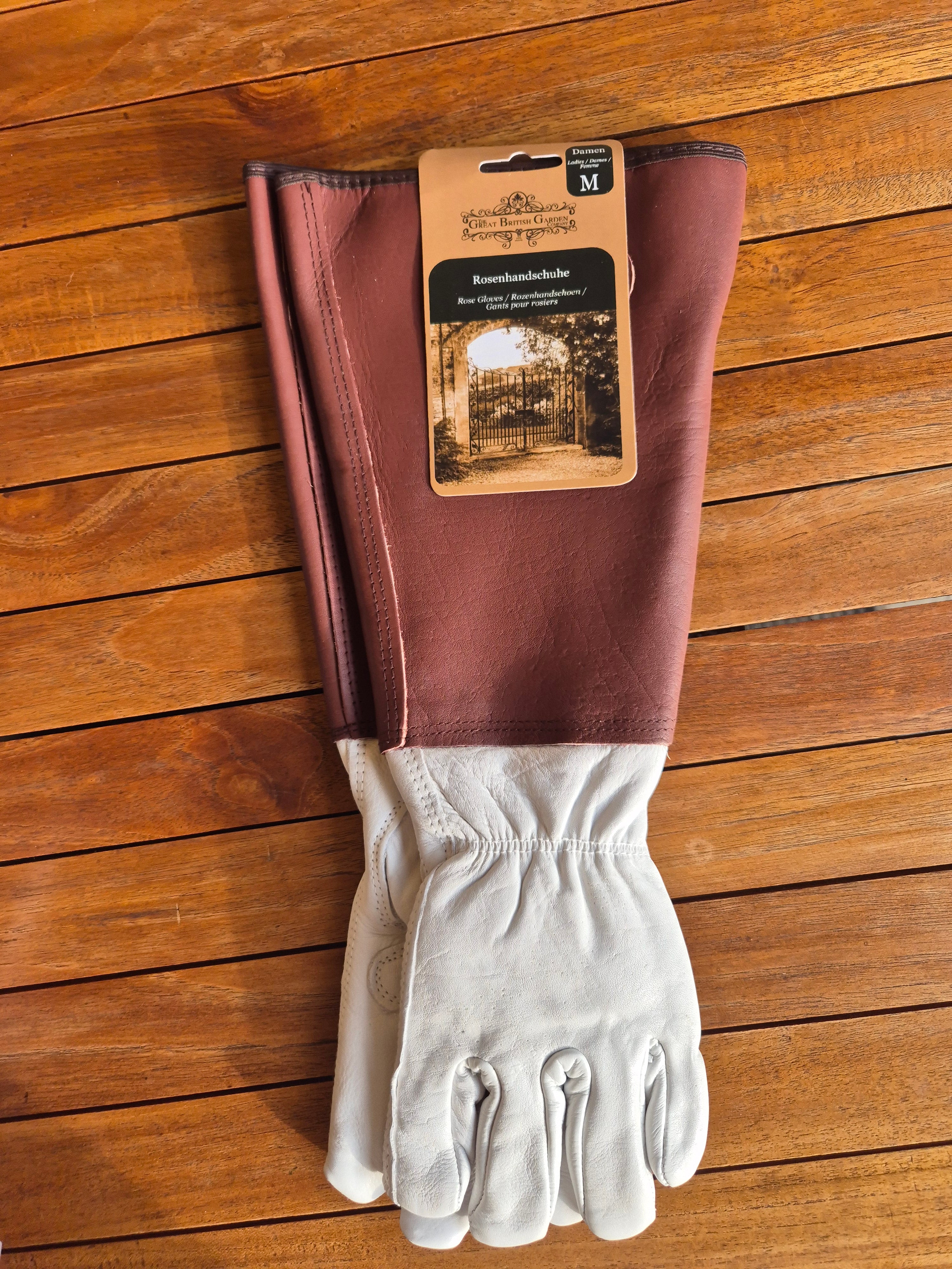 Ladies Medium leather Rose gloves with sleeve.